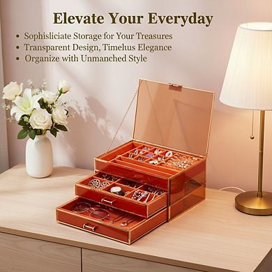 ZUQIETA 3-Tier Large Glass Jewelry Organizer with Velvet Lining & Copper Handles