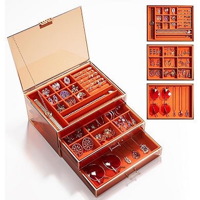 ZUQIETA 3-Tier Large Glass Jewelry Organizer with Velvet Lining & Copper Handles