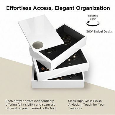 ZUQIETA Spindle Stacked Jewelry Box with 3 Compartments, High-Gloss White