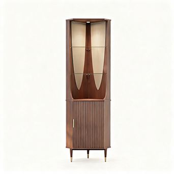 70-inch walnut corner cabinet, storage cupboard. Mid-century modern style with built-in lighting