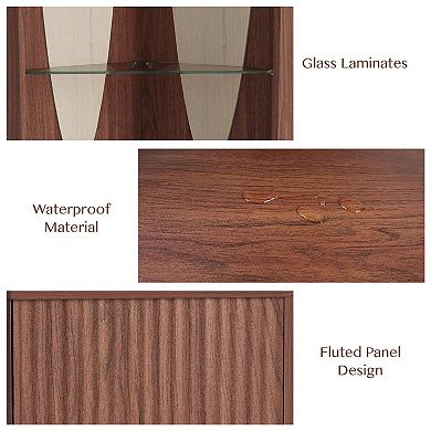 70-inch walnut corner cabinet, storage cupboard. Mid-century modern style with built-in lighting