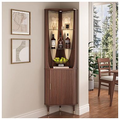 70-inch walnut corner cabinet, storage cupboard. Mid-century modern style with built-in lighting