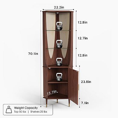 70-inch walnut corner cabinet, storage cupboard. Mid-century modern style with built-in lighting