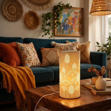11"H Matte Gold Floral Cutout Glow Cylinder LED Table Lamp