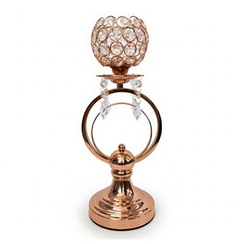 15"H Rose Gold Pedestal Bowl w/ Crystal Rings Candle Holder