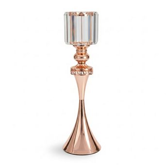 24"H Polished Rose Gold Flared Pedestal w/ Faceted Glass Cup Candle Holder