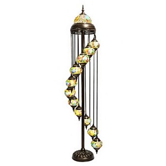 82"H Antique Bronze Spiral Turkish Lamp with 11 Hanging Mosaic Globes