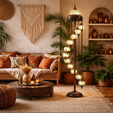 82"H Antique Bronze Spiral Turkish Lamp with 11 Hanging Mosaic Globes