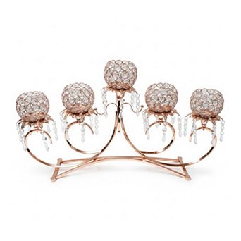 26"W Golden Arc Frame with Textured Glass Spheres & Hanging Crystals Candle Holder