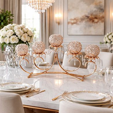 26"W Golden Arc Frame with Textured Glass Spheres & Hanging Crystals Candle Holder