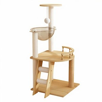 Modern Wood Cat Tree Tower with Sisal Scratching Posts Top Perch and Acrylic Hammock