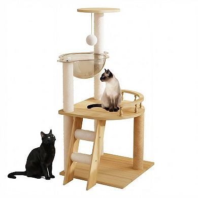 Modern Wood Cat Tree Tower with Sisal Scratching Posts Top Perch and Acrylic Hammock