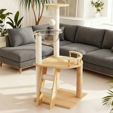 Modern Wood Cat Tree Tower with Sisal Scratching Posts Top Perch and Acrylic Hammock