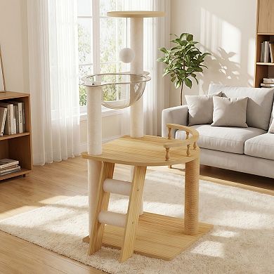 Modern Wood Cat Tree Tower with Sisal Scratching Posts Top Perch and Acrylic Hammock