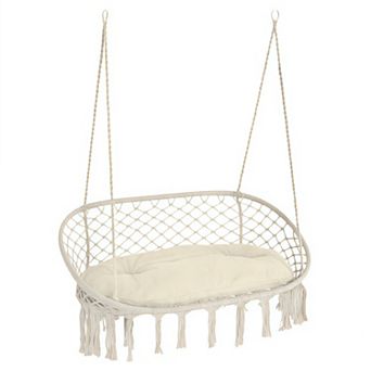 Two Person Macrame Hammock Swing Chair with Cushion for Indoor Outdoor Use