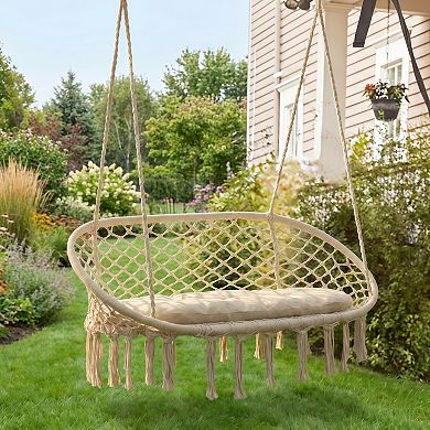 Two Person Macrame Hammock Swing Chair with Cushion for Indoor Outdoor Use