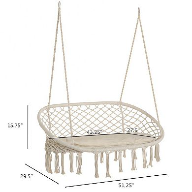 Two Person Macrame Hammock Swing Chair with Cushion for Indoor Outdoor Use