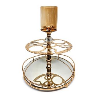 17"H Gold Tiered Base w/ Cut-Out Design & Amber Glass Candle Holder
