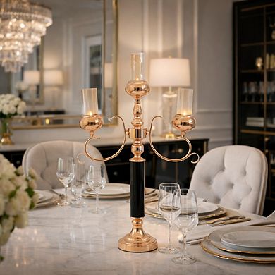 17"H Gold Tiered Base w/ Cut-Out Design & Amber Glass Candle Holder