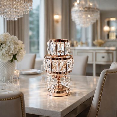 12.5"H Polished Rose Gold Stand with Faceted Crystal Layers & Dangling Candle Holder