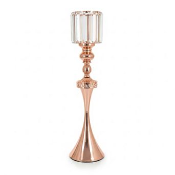 27"H Polished Rose Gold Flared Pedestal w/ Faceted Glass Cup Candle Holder