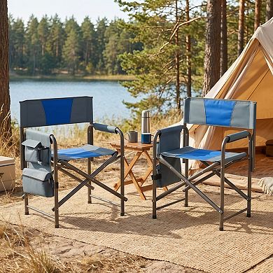 2 Piece Padded Folding Outdoor Directors Chair with Storage Pockets 400 lb Capacity