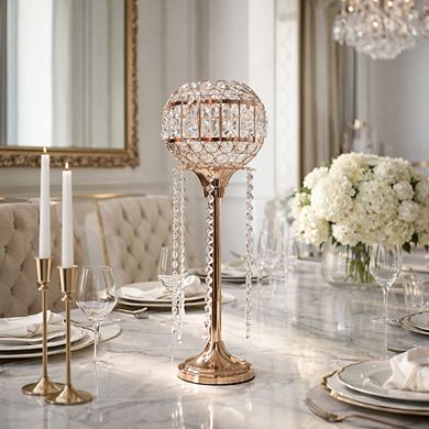 32"H Rose Gold Pedestal Base w/ Crystal Sphere Shade Candle Holder