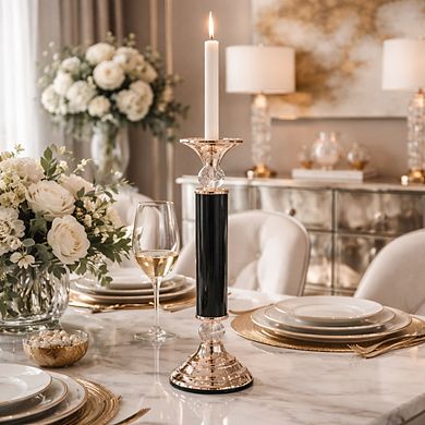 12"H Elegant Golden & Black Stand with Crystal Spheres Candle Holder, Decorative Home