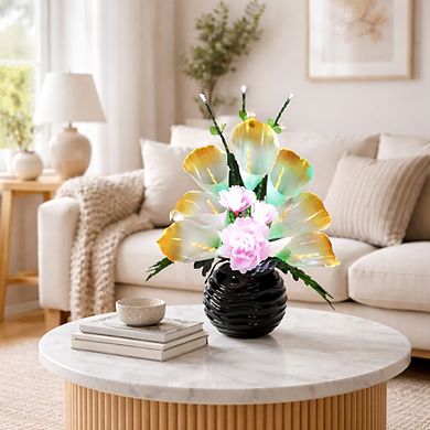 20"H Black Base Multicolor Flower LED Vase Lamp, Lighted Floral Home Décor