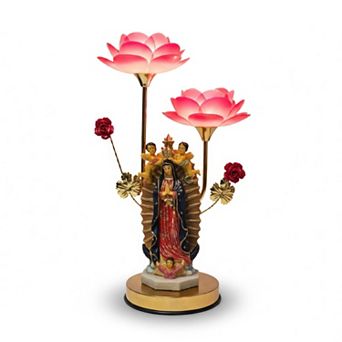 20"H Golden Religious Statue with Pink Lotus Flowers Touch Lamp