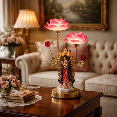 20"H Golden Religious Statue with Pink Lotus Flowers Touch Lamp