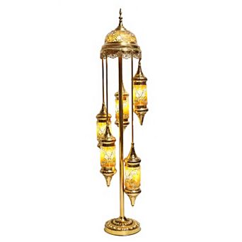 63"H Gold Spiral Turkish Lamp with 5 Yellow Multicolor Mosaic Lanterns