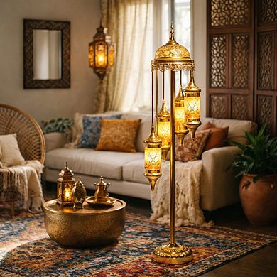 63"H Gold Spiral Turkish Lamp with 5 Yellow Multicolor Mosaic Lanterns