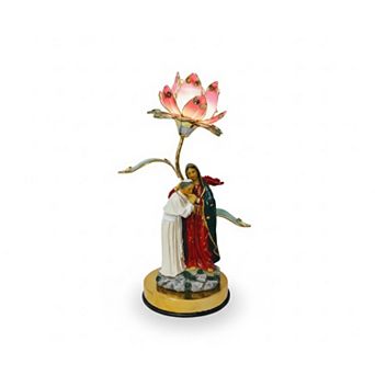 16"H Pink Vintage Style Lotus Flower with Saint and Mary Figurine Touch Lamp