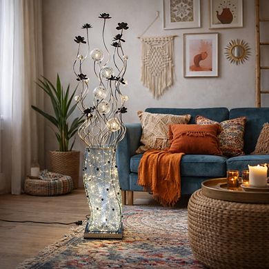 60"H Silver Textured Vase with Black Floral Stem Sculpture LED Floor Lamp