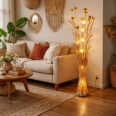 60"H Gold Textured Vase with Glowing Floral Stem LED Floor Lamp