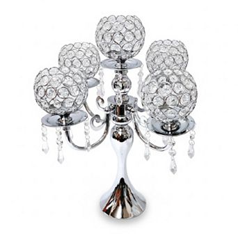 18.5"H Sparkling Silver Scroll Base w/ Five Crystal Globe Arms Candle Holder