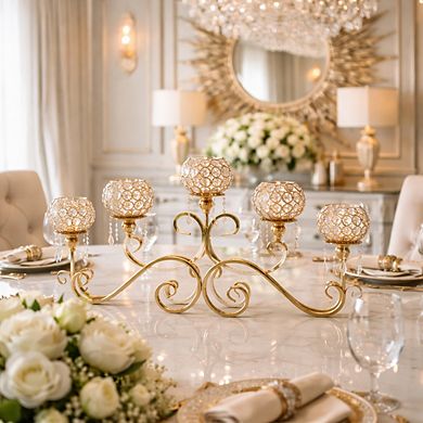 18.5"H Sparkling Silver Scroll Base w/ Five Crystal Globe Arms Candle Holder