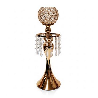 15.5"H Polished Gold Frame w/ Sculptural Stem & Crystal Tassel Bowl Candle Holder