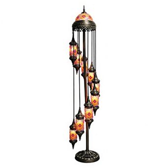 81"H Bronze Spiral Turkish Lamp with 9 Hanging Mosaic Lanterns