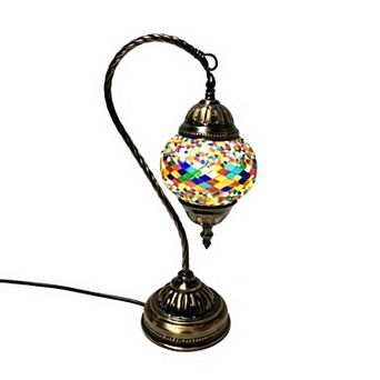 15"H Bronze Swan Base Colorful Kilim Mosaic Turkish Lamp