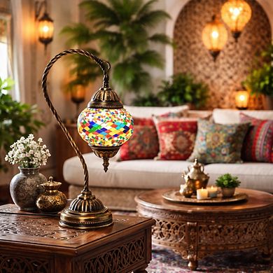 15"H Bronze Swan Base Colorful Kilim Mosaic Turkish Lamp