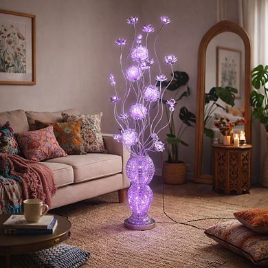 63"H Blue LED Floral Bouquet with Silver Cylindrical Base Floor Lamp