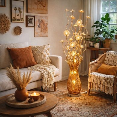 60"H Gold Textured Vase with Illuminated Flower Spray LED Floor Lamp