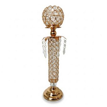 18"H Polished Gold Pedestal Base w/ Faceted Crystal Globe Candle Holder