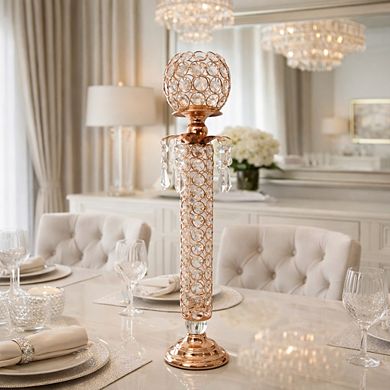 18"H Polished Gold Pedestal Base w/ Faceted Crystal Globe Candle Holder