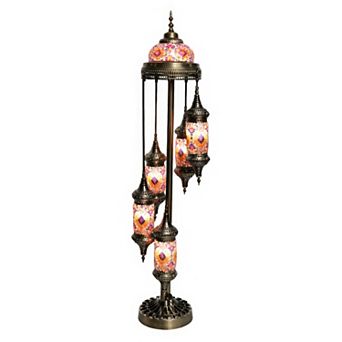 63"H Bronze Spiral Turkish Lamp with 5 Hanging Mosaic Lanterns
