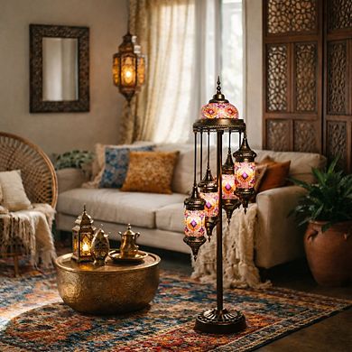 63"H Bronze Spiral Turkish Lamp with 5 Hanging Mosaic Lanterns