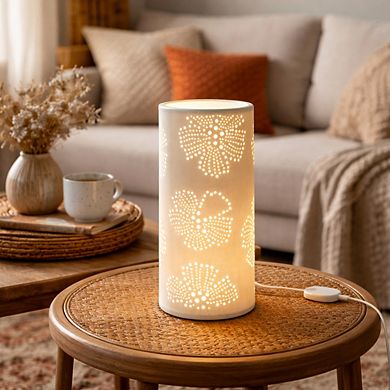 11"H Gold Pierced Floral Glow Cylinder LED Table Lamp