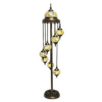 65"H Antique Bronze Spiral Turkish Lamp with 7 Hanging Mosaic Globes